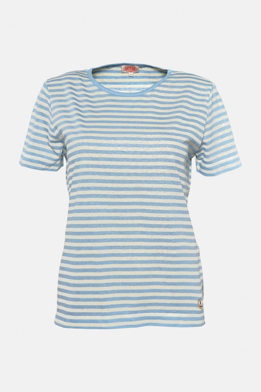 Armor Lux Damen Streifenshirt Kurzarm mit Leinen Hellblau Heritage