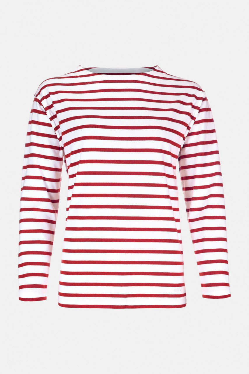 Bretonisches Fischerhemd Damen Langarm - Streifenshirt - weiß/rotgestreift