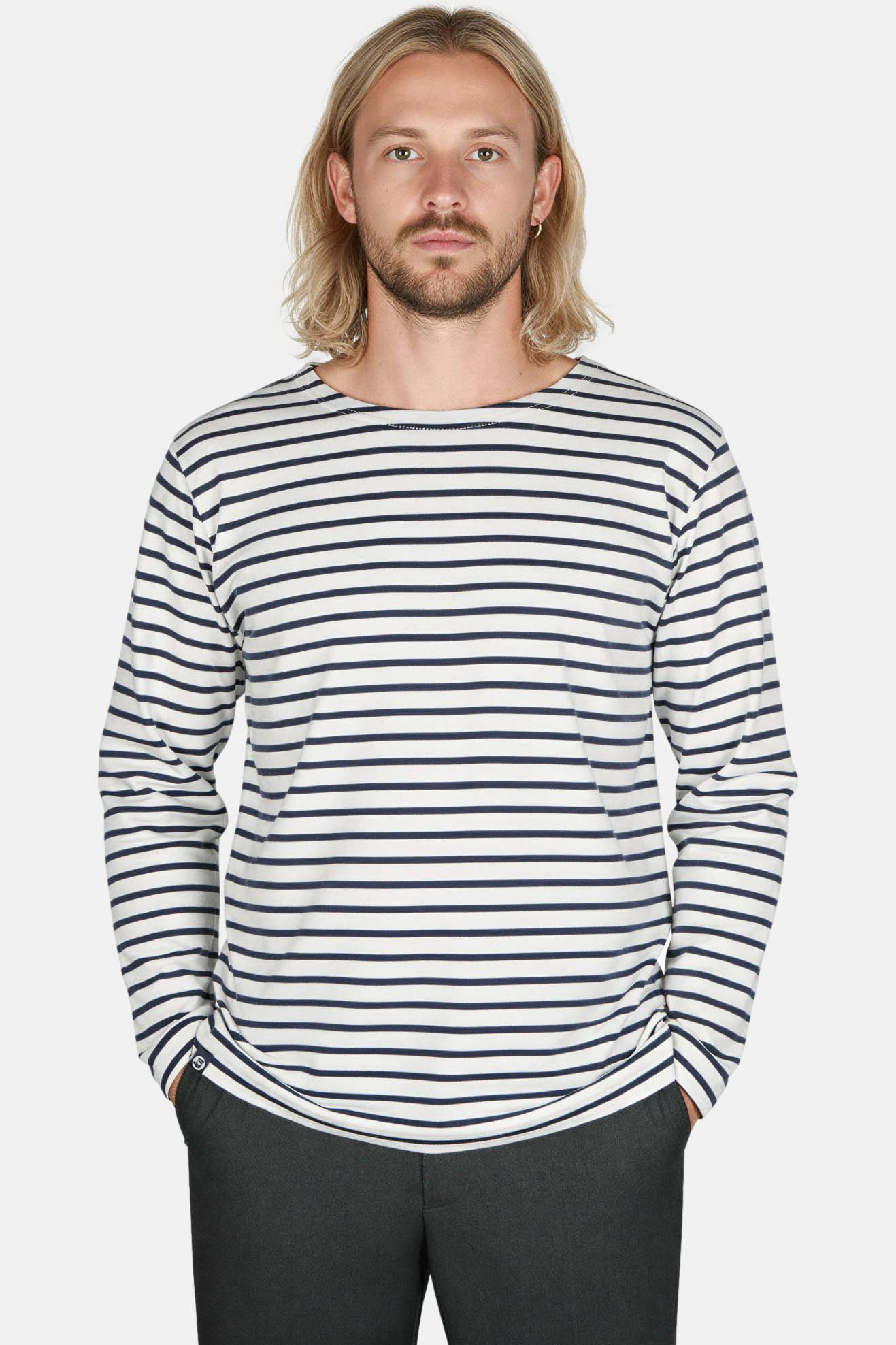 Hanseheld Streifenshirt Herren Natur-Marine Langarm Weiß Blau GOTS Organic