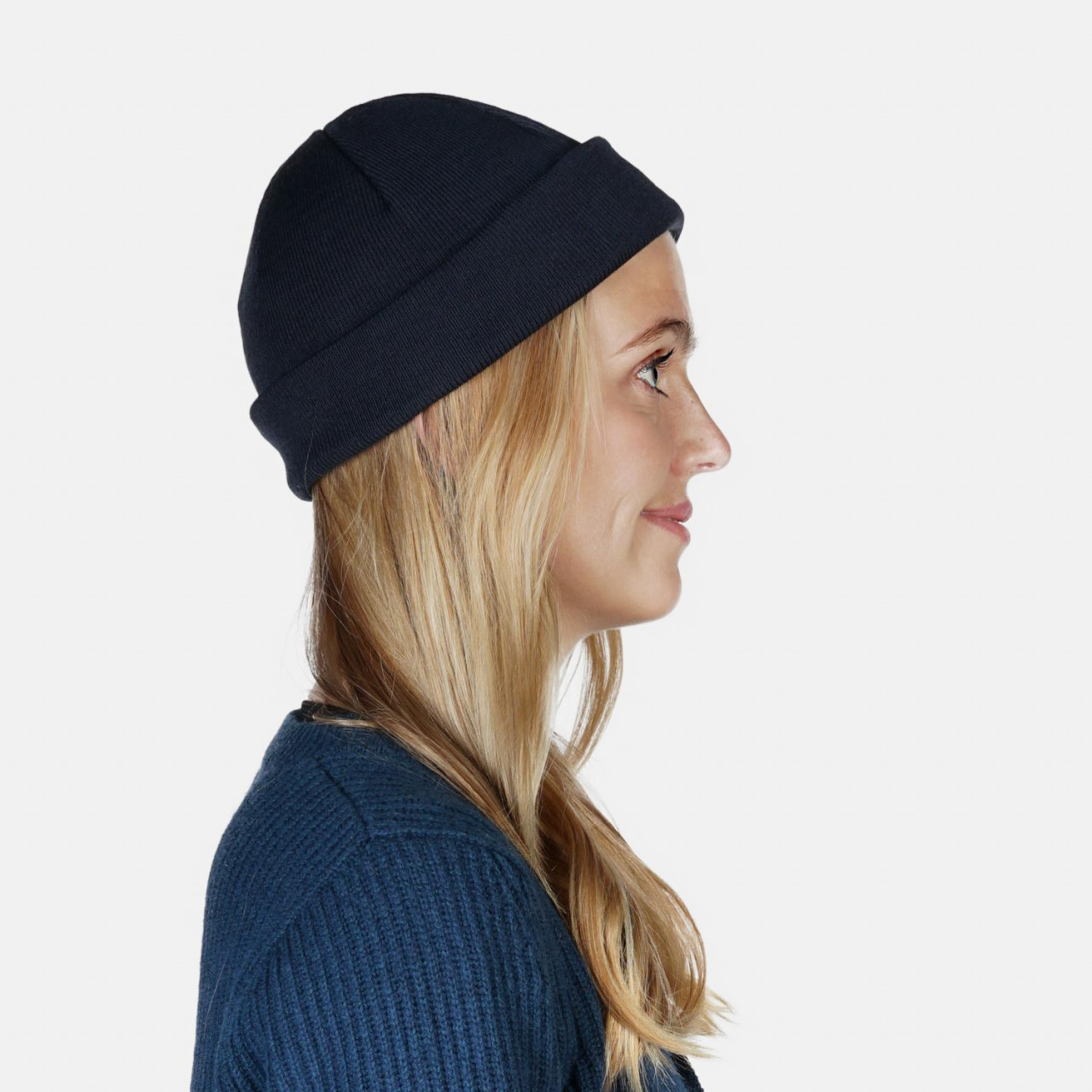 Hanseheld Strickmütze Seebär Baumwolle Dockermütze kurz flach - Marine blau